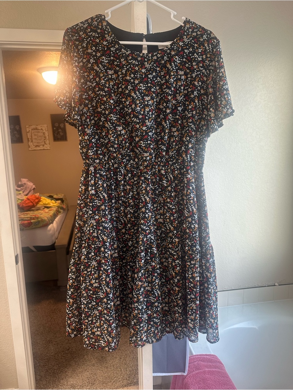 Floral Short Sleeve Black Dress with Multicolor Prints
